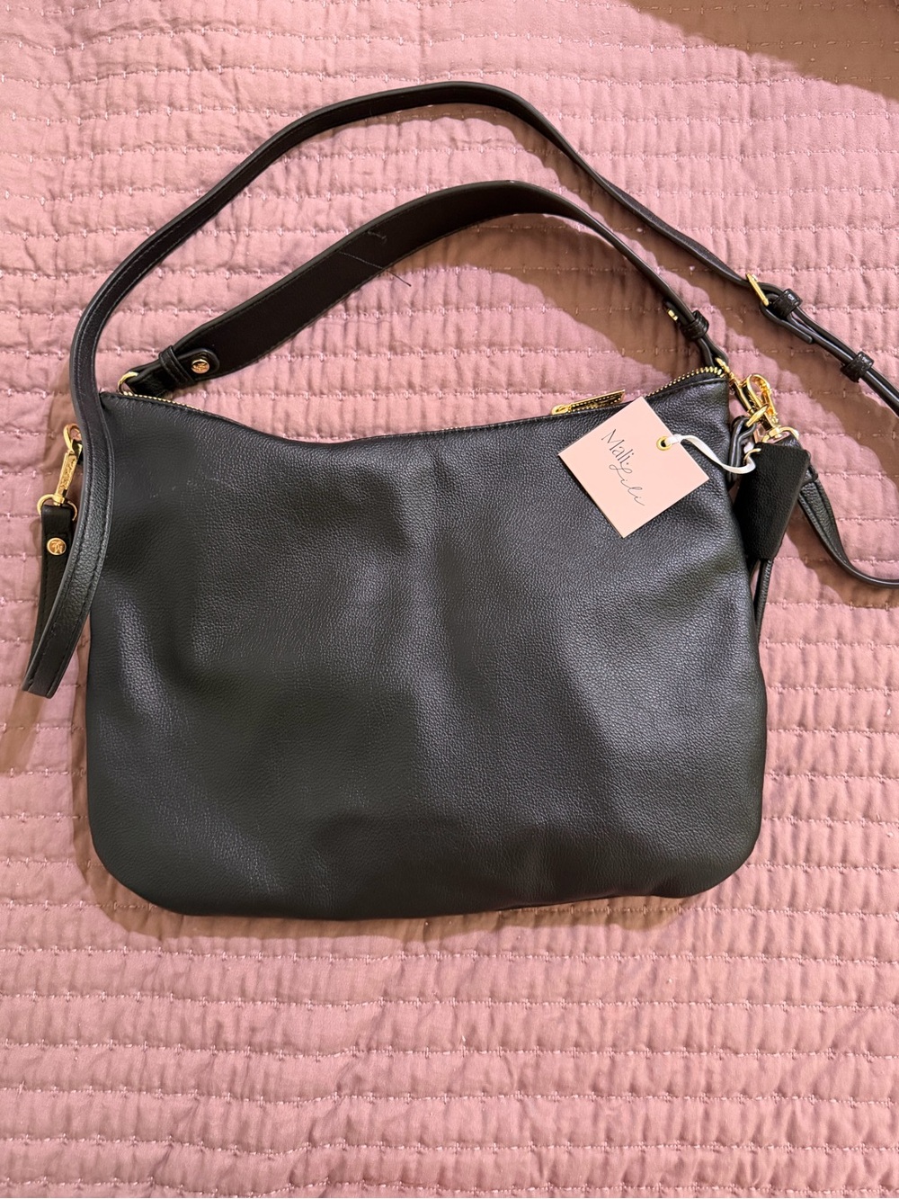 Black Leather Shoulder Bag with Gold Accents by Mali Lili
